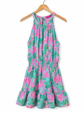 Lilly Pulitzer Cristiana Halter Smocked Waist Dress Pink Green Floral Size 8